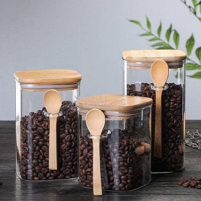 Square Glass storage with attached Spoon